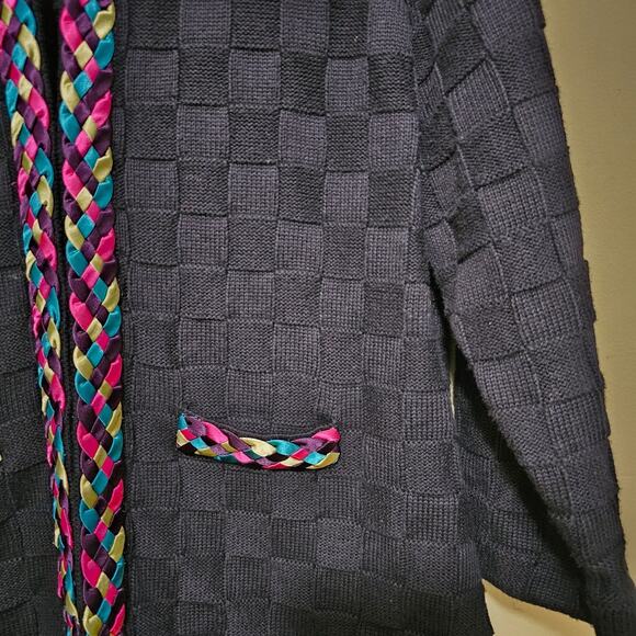 Michael Simon Cardigan Sweater Black Knit Rainbow Braid Trim Cotton Cashmere XL - Picture 6 of 8